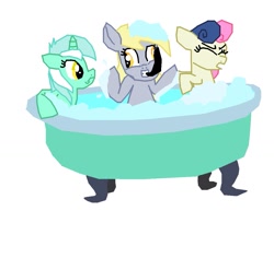 Size: 1047x990 | Tagged: artist needed, safe, character:bon bon, character:derpy hooves, character:lyra heartstrings, character:sweetie drops, species:pegasus, species:pony, 30 minute art challenge, bath, bathtub, bubble, female, mare, simple background, snorkel, white background