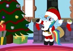 Size: 1024x716 | Tagged: artist needed, safe, character:rainbow dash, species:pegasus, species:pony, bipedal, boots, chimney, christmas, christmas stocking, christmas tree, clothing, costume, fake beard, female, fireplace, hat, holiday, looking at you, mare, present, raised hoof, sack, santa claus, santa costume, santa hat, shoes, solo, tree, wings