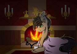 Size: 2560x1778 | Tagged: artist needed, safe, oc, oc only, oc:dante fly, species:pony, g4, candle, fangs, fire, fireplace, hairpin, half bat pony, hybrid, inkwell, quill, solo