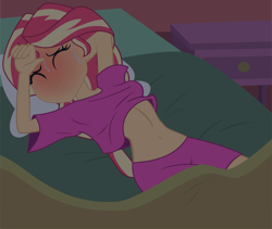 Size: 9546x8051 | Tagged: artist needed, source needed, safe, base used, character:sunset shimmer, species:human, g4, my little pony:equestria girls, absurd resolution, arm behind head, bed, bedroom, bedsheets, bedside stand, belly button, blanket, blushing, breasts, clothing, eyebrows, eyebrows up, eyelashes, female, heat, indoors, midriff, muticolored hair, night, nightmare, pajamas, pillow, red face, shirt, shirt lift, shorts, sleep shorts, sleep t-shirt, sleeping, solo, sweat, t-shirt, tomboy