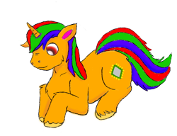 Size: 528x406 | Tagged: artist needed, source needed, safe, oc, oc only, oc:rainbow cookie, species:pony, species:unicorn, g4, black background, chest fluff, colored pupils, floppy ears, horn, lying on the ground, male, simple background, solo, stallion, unicorn oc, unshorn fetlocks