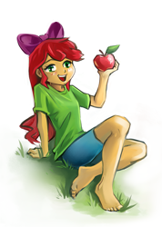 Size: 771x1080 | Tagged: artist needed, source needed, safe, character:apple bloom, g4, my little pony:equestria girls, adorabloom, apple, apple bloom's bow, barefoot, blushing, bow, clothing, cute, feet, female, food, grass, hair bow, open mouth, shirt, shorts, simple background, sitting, solo, t-shirt, white background