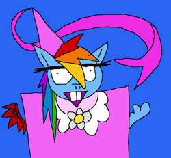 Size: 585x540 | Tagged: artist needed, safe, character:rainbow dash, species:pegasus, species:pony, g4, 1000 hours in ms paint, bucktooth, clothing, dress, female, rainbow dash always dresses in style, solo, stylistic suck, unibrow, wat, wtf