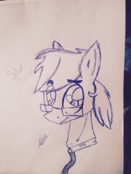Size: 640x852 | Tagged: artist needed, source needed, safe, oc, oc only, oc:silver bristle, species:earth pony, species:pony, g4, bust, chest fluff, eyebrows, eyebrows visible through hair, glasses, looking at you, male, necktie, paper, pencil drawing, photo, signature, solo, stallion, traditional art