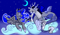 Size: 720x424 | Tagged: artist needed, safe, character:discord, character:princess luna, species:alicorn, species:draconequus, species:pony, ship:lunacord, g4, blushing, cloud, cute, discute, duo, female, lunabetes, male, night, shipping, straight