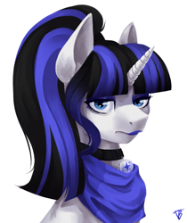 Size: 1345x1600 | Tagged: artist needed, safe, oc, oc only, oc:coldlight bluestar, species:pony, species:unicorn, g4, clothing, collar, female, makeup, mare, ponytail, sad, scarf, simple background, solo, white background