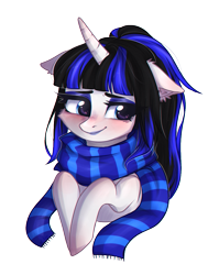 Size: 841x1115 | Tagged: artist needed, safe, oc, oc only, oc:coldlight bluestar, species:pony, species:unicorn, g4, blushing, clothing, cute, floppy ears, hooves, horn, lipstick, looking away, scarf, simple background, solo, transparent background