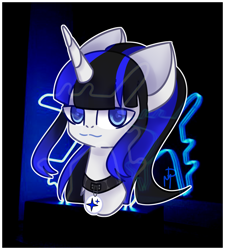 Size: 1948x2160 | Tagged: safe, artist:darkorist, oc, oc:coldlight bluestar, species:pony, species:unicorn, g4, abstract background, bust, collar, cute, female, floppy ears, horn, looking at you, mare, ponytail, solo