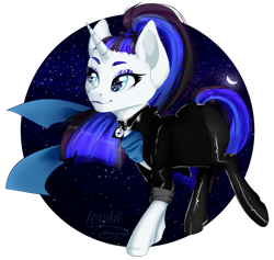 Size: 1407x1336 | Tagged: artist needed, safe, character:coloratura, character:countess coloratura, oc, oc:coldlight bluestar, species:pony, species:unicorn, g4, abstract background, alternate hairstyle, boots, clothing, collar, cosplay, costume, female, jacket, latex, latex pants, leather jacket, makeup, pants, rubber, scarf, shoes, simple background, solo