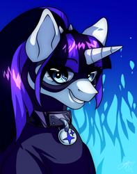 Size: 1145x1454 | Tagged: artist needed, safe, oc, oc:coldlight bluestar, species:pony, species:unicorn, g4, abstract background, bust, catwoman, clothing, collar, cosplay, costume, female, latex, latex suit, looking at you, mare, mask, ponytail, portrait, rubber, rubber suit, simple background, smiley face, solo