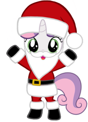 Size: 743x1024 | Tagged: artist needed, safe, character:sweetie belle, species:pony, species:unicorn, g4, belt, bipedal, boots, christmas, clothing, costume, fake beard, female, filly, hat, holiday, horn, looking at you, open mouth, santa claus, santa costume, santa hat, shoes, simple background, solo, transparent background, vector
