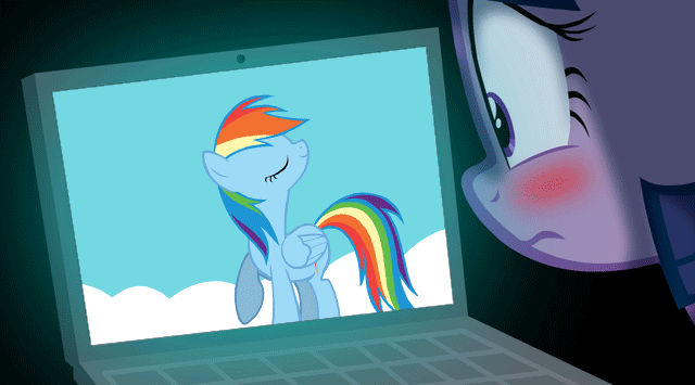 Size: 640x355 | Tagged: artist needed, safe, edit, edited screencap, screencap, character:rainbow dash, character:twilight sparkle, species:pegasus, species:pony, ship:twidash, g4, animated, blushing, computer, female, gif, laptop computer, lesbian, night, shipping