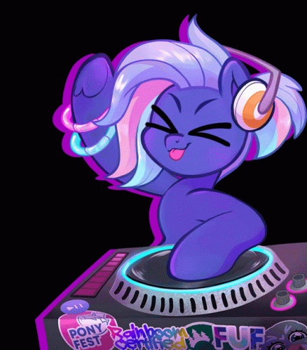 Size: 438x498 | Tagged: source needed, safe, artist:techycutie, character:gabby, oc, oc:bit rate, species:earth pony, species:pony, g4, >.<, animated, disc jockey, eyes closed, female, fuf, gif, glow bracelets, headphones, mare, ponyfest, raised hoof, smiling, solo, tongue out, uwu