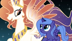 Size: 1280x720 | Tagged: safe, artist:magpie-pony, character:princess luna, oc, oc:queen galaxia, species:alicorn, species:pony, g4, alicorn oc, daughter, female, filly, filly luna, flying, horn, looking at each other, mother, mother and child, mother and daughter, night, night sky, parent and child, sky, wings, woona, younger