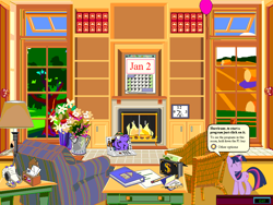Size: 1024x768 | Tagged: artist needed, source needed, safe, edit, character:twilight sparkle, calendar, checkbook, dialogue, elephant, fireplace, hay bale, microsoft bob, pen, pencil, ring binder, speech bubble, tree