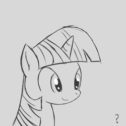 Size: 900x900 | Tagged: artist needed, safe, character:twilight sparkle, species:pony, species:unicorn, bust, cute, female, mare, monochrome, portrait, question mark, simple background, smiling, solo, white background