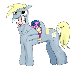 Size: 999x899 | Tagged: artist needed, source needed, safe, character:bon bon, character:derpy hooves, character:lyra heartstrings, character:sweetie drops, bon bon is not amused, cosplay, costume, duo, horsesuit, humanized, irrational exuberance, simple background, smiling, unamused, white background