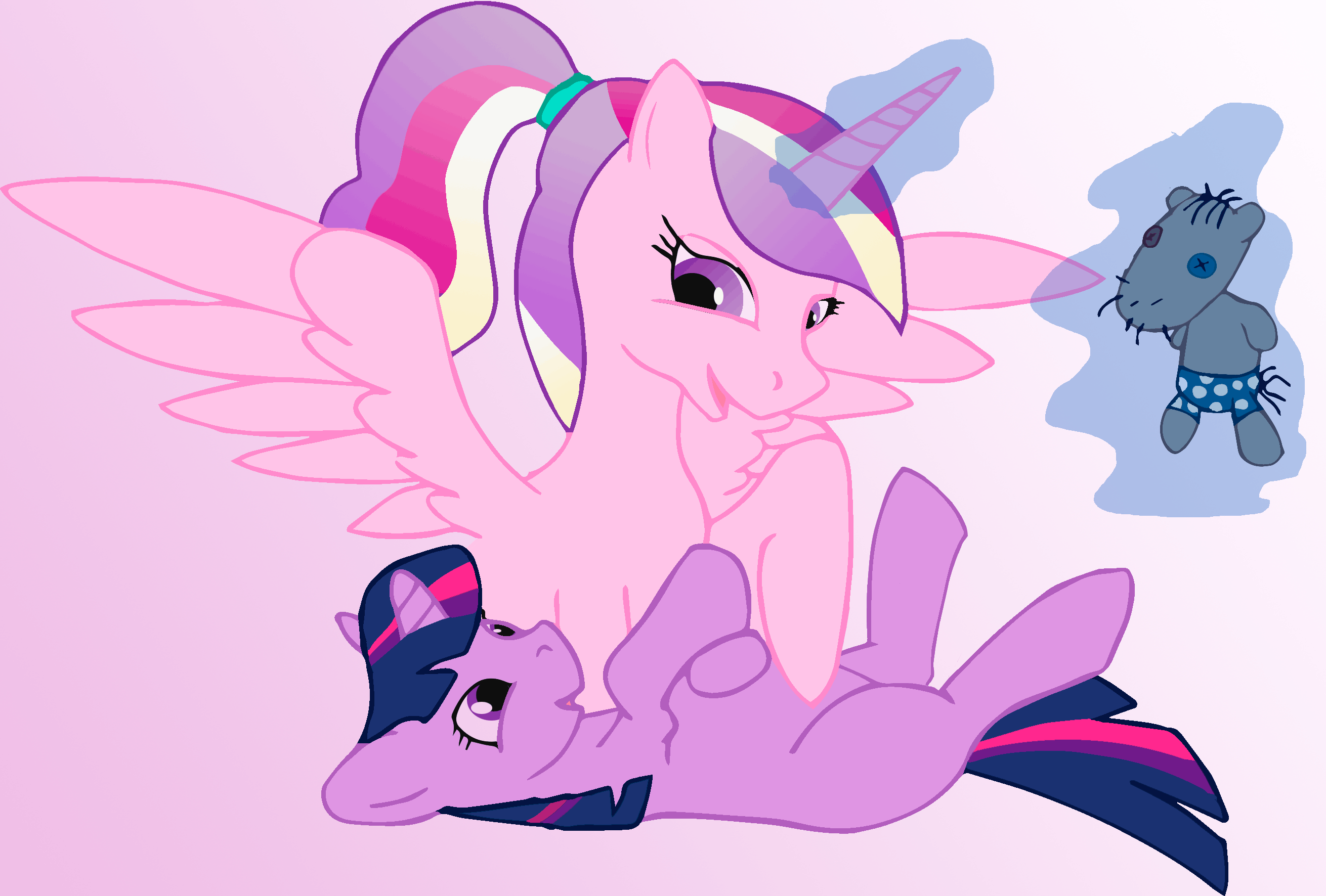 Size: 2621x1772 | Tagged: artist needed, source needed, safe, character:princess cadance, character:smarty pants, character:twilight sparkle, species:alicorn, species:pony, species:unicorn, bellyrubs, female, foal, foalsitter, magic, ponytail, telekinesis
