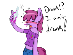 Size: 1280x960 | Tagged: artist needed, safe, character:berry punch, character:berryshine, species:anthro, species:earth pony, g4, 30 minute art challenge, belly button, blushing, dialogue, drunk, eyes closed, female, mare, midriff, open mouth, simple background, text, white background