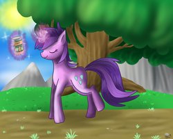 Size: 250x200 | Tagged: artist needed, source needed, safe, character:amethyst star, character:sparkler, magic, peanut butter, picture for breezies, that pony sure loves peanut butter, tree
