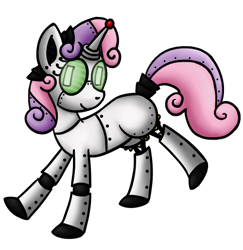 Size: 500x514 | Tagged: artist needed, safe, character:sweetie belle, species:pony, species:unicorn, sweetie bot, blank flank, female, filly, hooves, horn, robot, simple background, smiling, solo, transparent background