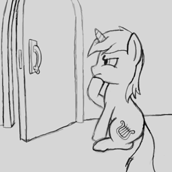 Size: 512x512 | Tagged: artist needed, safe, character:lyra heartstrings, species:pony, species:unicorn, door, female, mare, monochrome, solo
