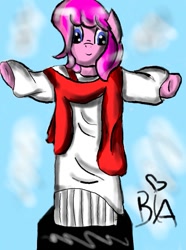Size: 583x782 | Tagged: artist needed, safe, character:pinkie pie, cloak, clothing, crossover, jesus christ, pinkie pie is god, pinkie pious, ponified, solo, standing