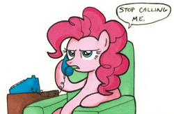 Size: 483x315 | Tagged: artist needed, safe, character:pinkie pie, species:earth pony, species:pony, armchair, dialogue, lidded eyes, open mouth, phone, simple background, sitting, solo, stop calling me, white background