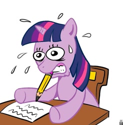 Size: 837x852 | Tagged: artist needed, dead source, source needed, useless source url, safe, character:twilight sparkle, letter, mouth hold, pencil, plewds, struggle, struggling, sweat, writing
