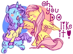 Size: 850x630 | Tagged: artist needed, source needed, safe, character:fluttershy, character:rarity, ship:rarishy, clothing, female, lesbian, shipping, sweater