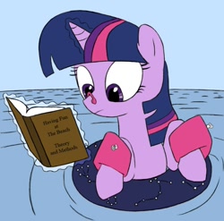 Size: 756x748 | Tagged: artist needed, source needed, safe, character:twilight sparkle, species:pony, species:unicorn, adorkable, beach, book, bookhorse, constellation, cute, dork, female, filly, floaty, fun, inner tube, levitation, magic, nerd, ocean, solo, stars, swimming, telekinesis, that pony sure does love books, water wings