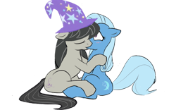 Size: 640x400 | Tagged: artist needed, source needed, safe, character:octavia melody, character:trixie, blushing, clothing, female, hat, hat swap, kissing, lesbian, recolor, shipping, trixtavia