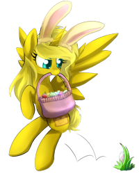 Size: 769x960 | Tagged: artist needed, safe, oc, oc only, oc:ticket, species:alicorn, species:pony, alicorn oc, bunny ears, easter, easter basket, easter egg, simple background, solo, transparent background