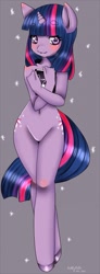 Size: 471x1280 | Tagged: artist needed, safe, character:twilight sparkle, species:anthro, species:unguligrade anthro, barbie doll anatomy, belly button, blushing, book, featureless crotch, female, hooves, hourglass figure, nudity, solo