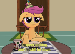 Size: 1025x739 | Tagged: artist needed, safe, character:scootaloo, species:pegasus, species:pony, balloon, birthday, caption, clothing, dead stare, depressed, disappointed, hat, i expect nothing and i'm still let down, lonely, malcolm in the middle, nothing, party hat, reaction image, sad, solo