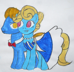 Size: 921x905 | Tagged: artist needed, safe, artist:punksweet, character:eclair créme, character:perfect pace, species:earth pony, species:pony, bow tie, clothing, dress, female, male, mare, stallion, the master, traditional art