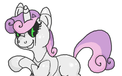 Size: 504x316 | Tagged: artist needed, safe, character:sweetie belle, species:pony, species:unicorn, sweetie bot, blank flank, female, filly, foal, hooves, horn, robot, simple background, smiling, solo, teeth, white background