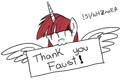 Size: 800x518 | Tagged: artist needed, safe, oc, oc only, oc:fausticorn, species:alicorn, species:pony, :3, cute, flying, happy, lauren faust, mouth hold, sign, solo, spread wings, thank you, wings