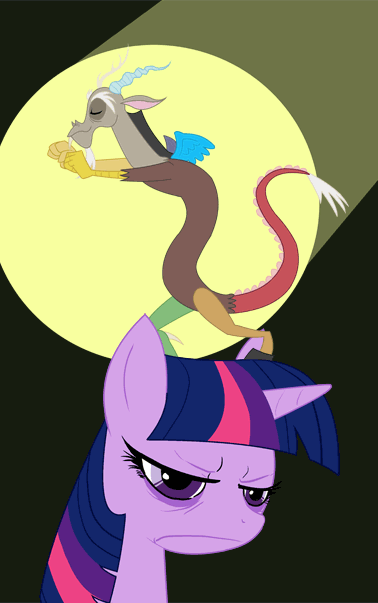 Size: 378x603 | Tagged: artist needed, safe, character:discord, character:twilight sparkle, animated, discord dance, running man, shuffle