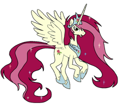 Size: 900x756 | Tagged: artist needed, safe, character:roseluck, species:alicorn, species:pony, alicornified, crown, female, flying, hilarious in hindsight, jewelry, mare, peytral, princess, race swap, regalia, rosecorn, simple background, solo, transparent background