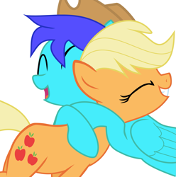Size: 1845x1860 | Tagged: artist needed, source needed, useless source url, safe, character:applejack, oc, oc:zonic14game, species:earth pony, species:pegasus, species:pony, applejack's hat, clothing, cowboy hat, happy, hat, hug, pegasus oc, simple background, vector, white background, wings