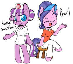 Size: 644x561 | Tagged: artist needed, safe, character:cookie crumbles, character:nurse sweetheart, species:anthro, species:earth pony, species:pony, species:unicorn, 30 minute art challenge, bipedal, crossed legs, simple background, white background