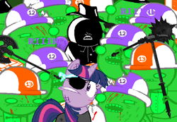 Size: 650x450 | Tagged: artist needed, source needed, safe, character:twilight sparkle, axe, biscuits (homestuck), egg timer, eggs (homestuck), eyepatch, hearts boxcars, homestuck, mace, midnight crew, oven, temporal clones, the felt, weapon, you hate time travel