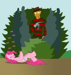 Size: 956x1000 | Tagged: artist needed, safe, character:pinkie pie, species:earth pony, species:human, species:pony, anatomically incorrect, bush, clapping, clothing, crossover, duo, female, freddy krueger, frown, gloves, happy, incorrect leg anatomy, laughing, laughter song, mare, nightmare on elm street, perplexed, rolling, wide eyes