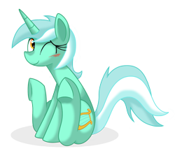 Size: 1460x1259 | Tagged: artist needed, source needed, safe, character:lyra heartstrings, species:pony, species:unicorn, blushing, cute, hooves, simple background, sitting, smiling, solo, transparent background, underhoof, wink