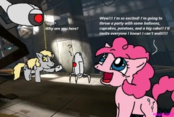 Size: 862x580 | Tagged: artist needed, source needed, safe, character:derpy hooves, character:pinkie pie, species:pegasus, species:pony, crossover, female, glados, mare, portal (valve)