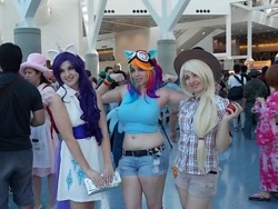 Size: 640x480 | Tagged: artist needed, safe, artist:agentt3xas, artist:geekeryandsuch, artist:unkcos8, character:applejack, character:rainbow dash, character:rarity, species:human, anime expo, belly, belly button, convention, cosplay, irl, irl human, midriff, photo