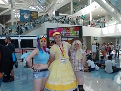 Size: 640x480 | Tagged: artist needed, safe, artist:agentt3xas, artist:geekeryandsuch, character:apple bloom, character:applejack, character:rainbow dash, species:human, anime expo, belly button, convention, cosplay, irl, irl human, midriff, photo
