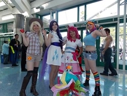 Size: 640x480 | Tagged: artist needed, safe, artist:agentt3xas, artist:geekeryandsuch, artist:rmtakesover, artist:unkcos8, character:applejack, character:pinkie pie, character:rainbow dash, character:rarity, species:human, anime expo, belly button, convention, cosplay, irl, irl human, measuring tape, muffin top, party cannon, photo