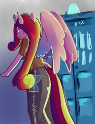 Size: 500x648 | Tagged: artist needed, safe, character:princess cadance, species:anthro, 30 minute art challenge, female, solo, swapped cutie marks, tardis, time lady, time lord